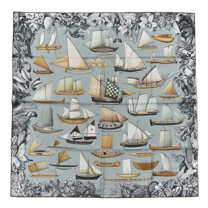 Hermes Silk Tous Les Bateaux Du Monde Scarf 90 Amande Celadon Caramel 1 of 4