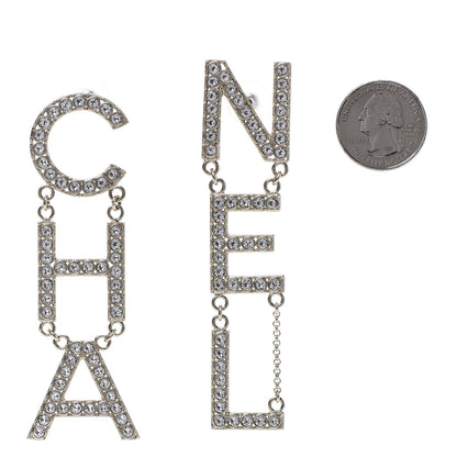 Chanel Crystal Cha-Nel Logo Drop Earrings Gold 2 of 5