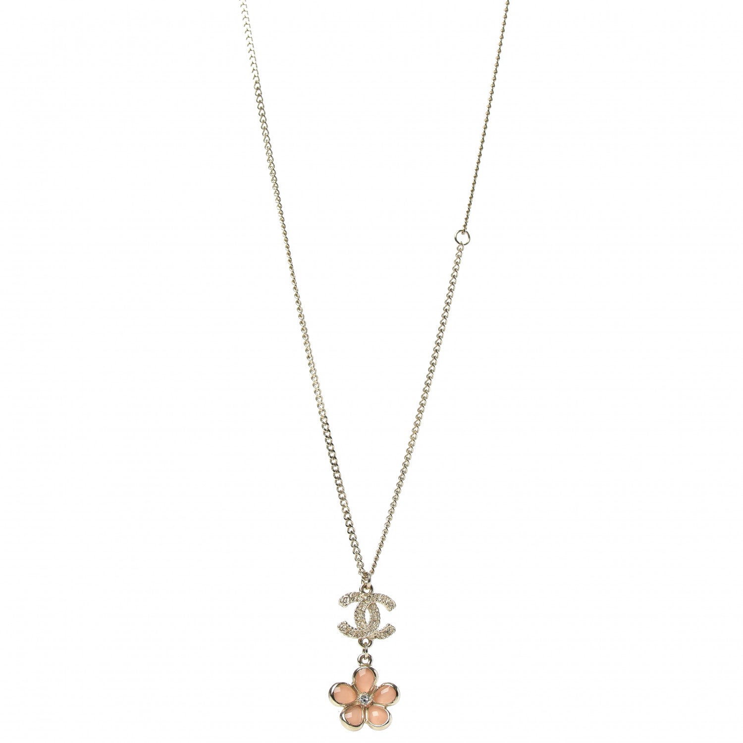Chanel Enamel Crystal CC Camellia Pendant Necklace Beige Gold 1 of 6