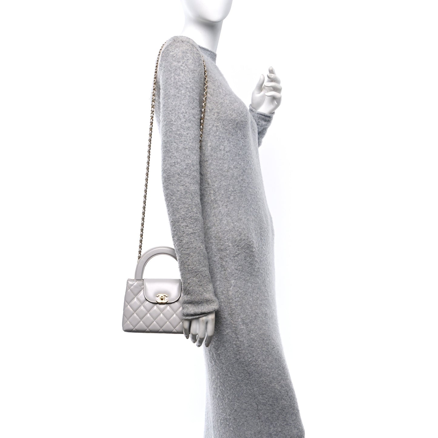 Shiny Aged Calfskin Quilted Nano Kelly Shopper Light Grey