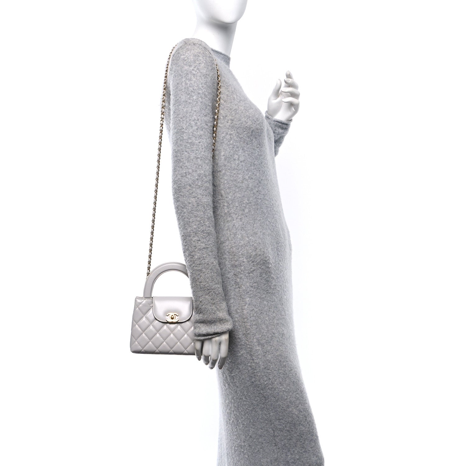 Chanel Shiny Aged Calfskin Quilted Nano Kelly Shopper Light Grey 2 of 11