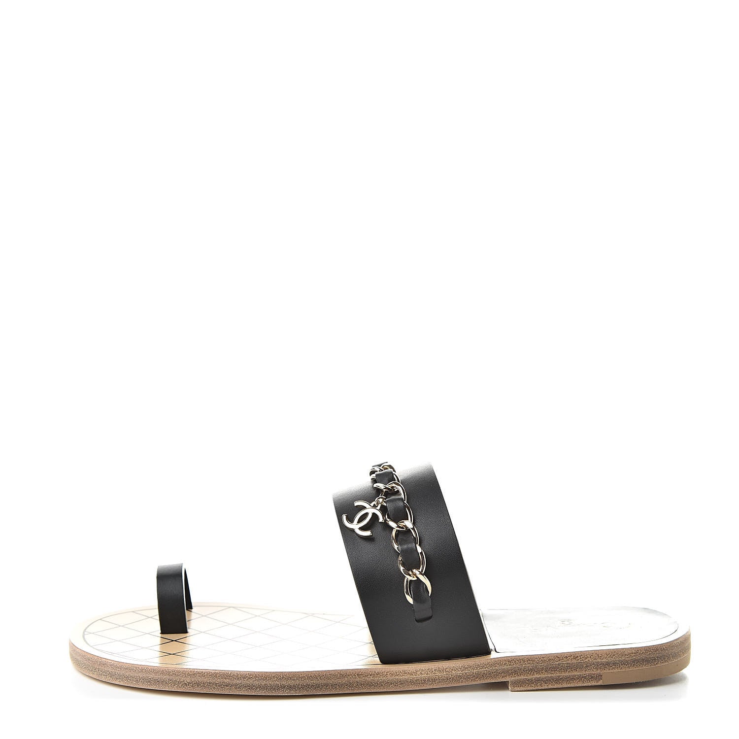 Chanel Calfskin Chain CC Logo Toe Ring Sandals 37 Black 1 of 9