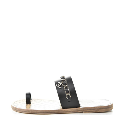 Chanel Calfskin Chain CC Logo Toe Ring Sandals 37 Black 1 of 9