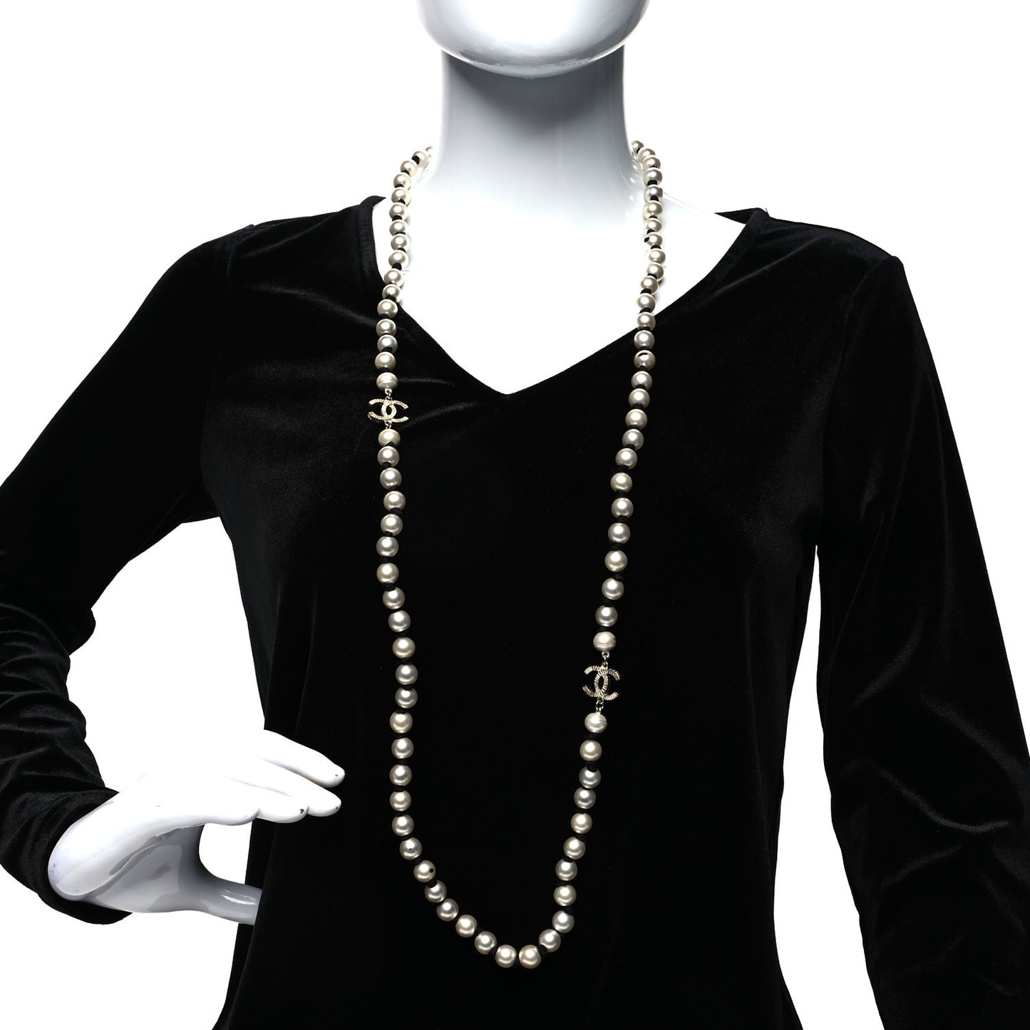 Pearl Grosgrain CC Long Necklace Gold