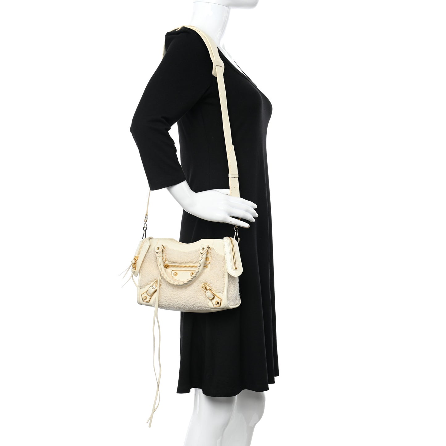Shearling Nappa Gold Metallic Edge Hardware Mini City Cream