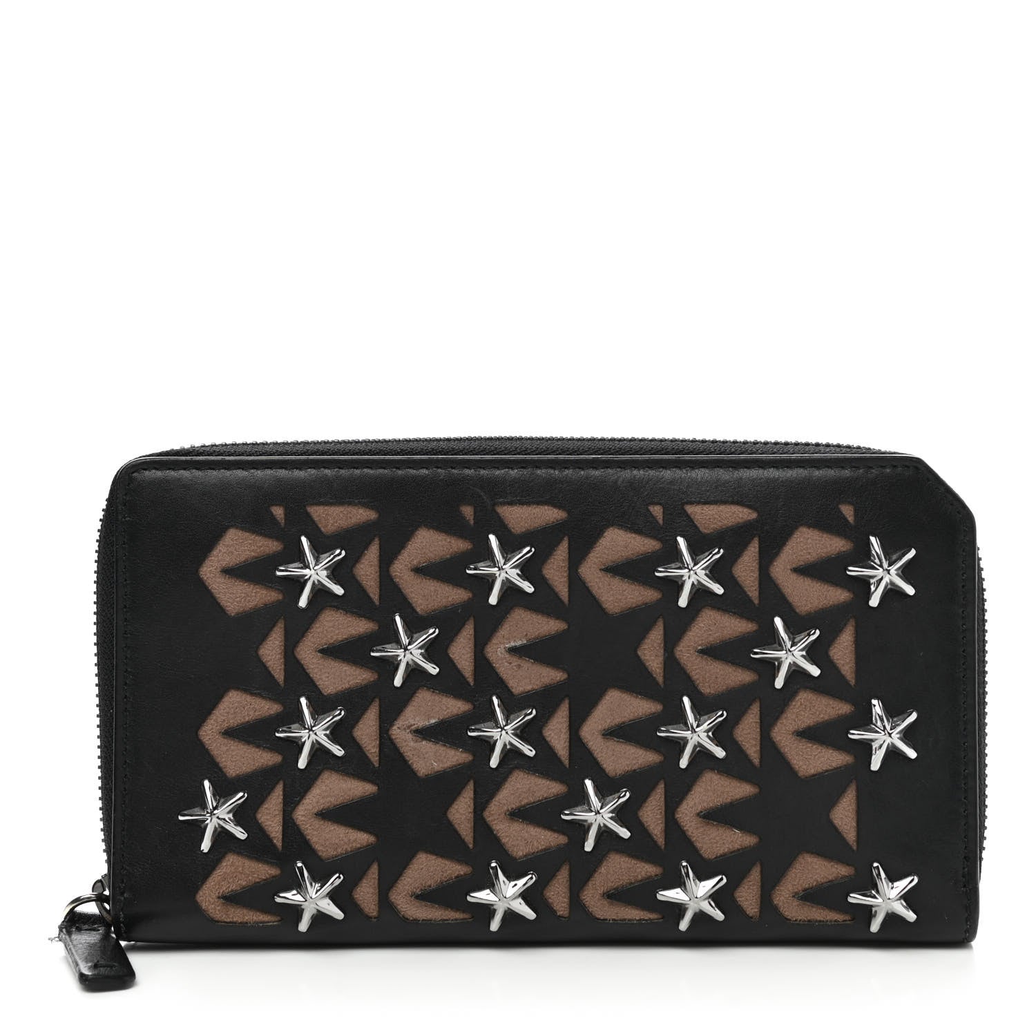 Jimmy Choo Calfskin Filipa Star Perforated Zip Around Wallet Black Brown 1 of 10