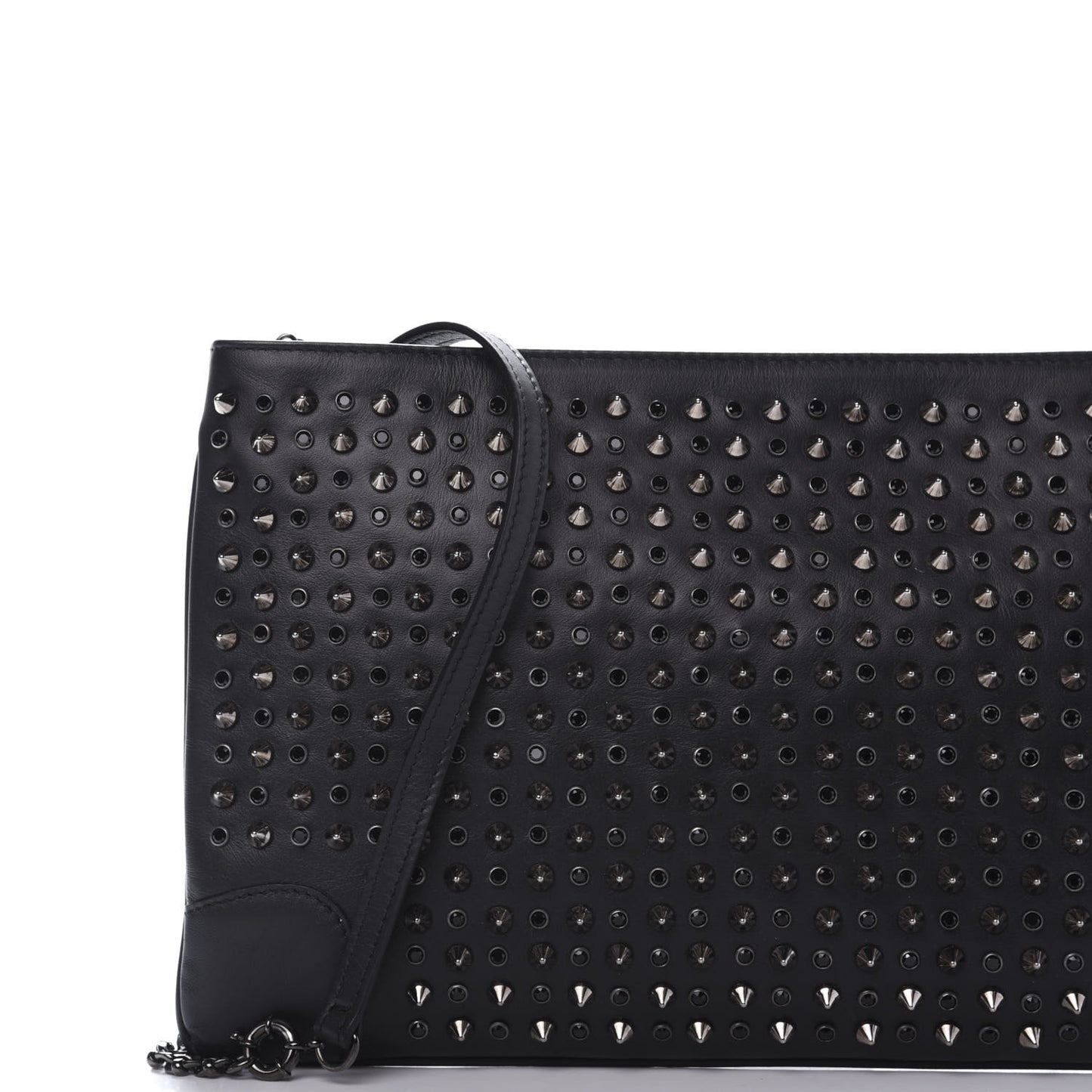 Calfskin Paris Spikes Strass Loubiposh Clutch Black Gun Jet