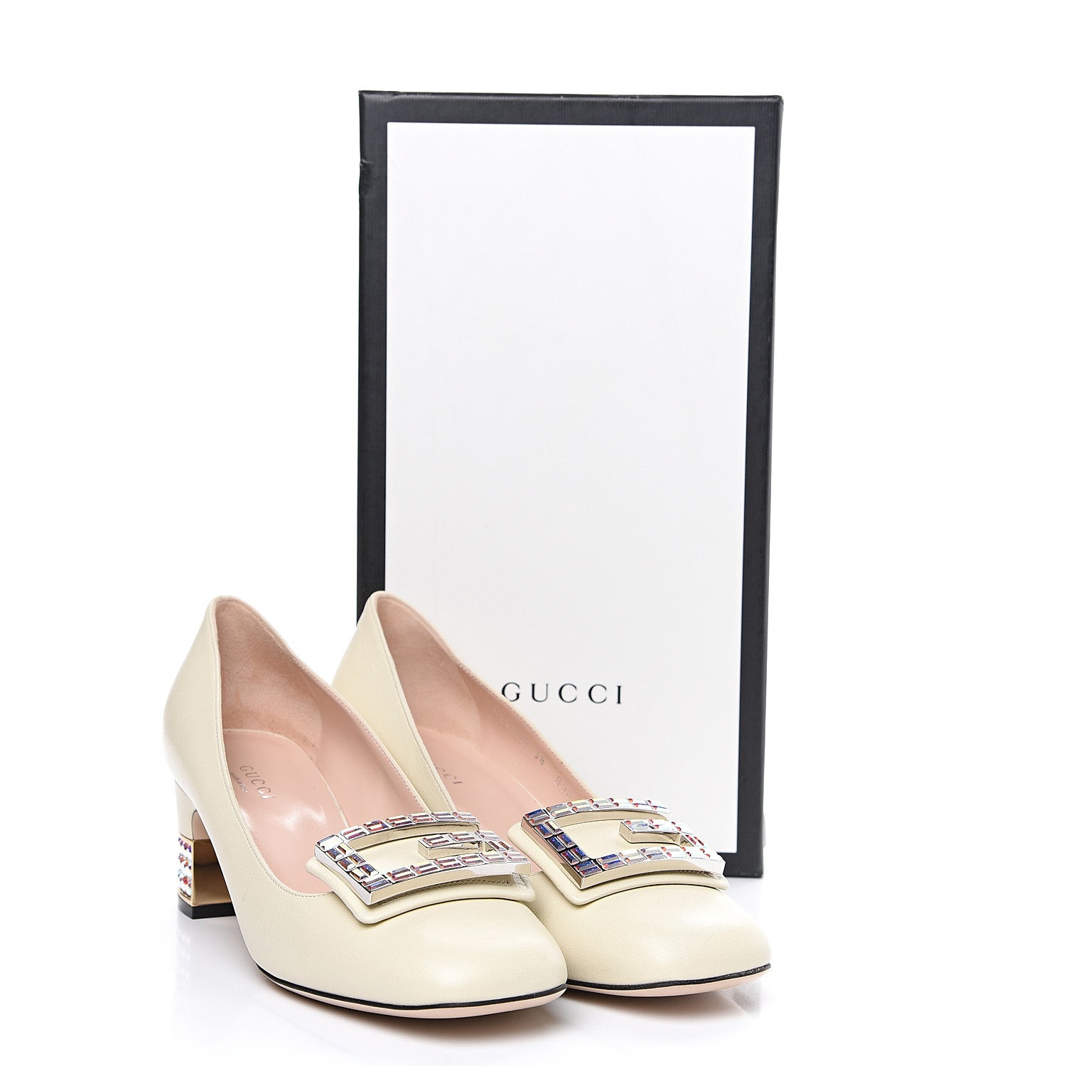 Gucci Malaga Kid Crystal Square G Madelyn Mid Heel Loafer Pumps 38 Ivory 10 of 10