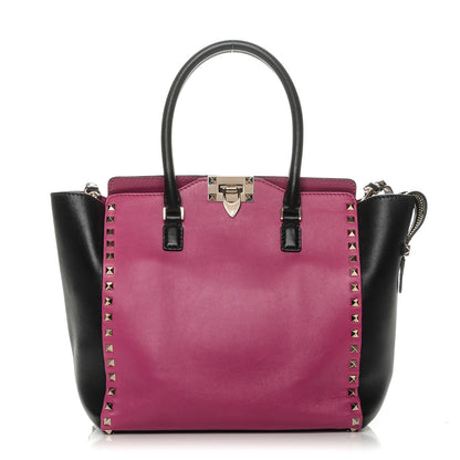 Valentino Garavani Vitello Bi-Color Rockstud Double Handle Tote Fuxia Black 1 of 6