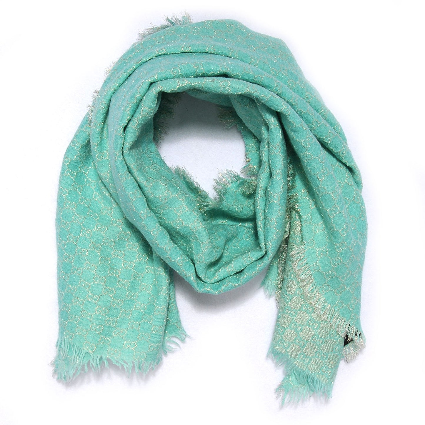 Wool Silk Jacquard Monogram Fringe Scarf Aqua Gold