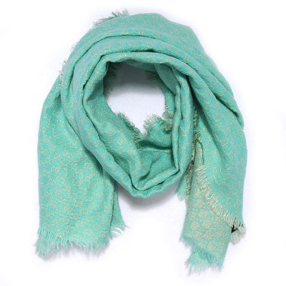 Gucci Wool Silk Jacquard Monogram Fringe Scarf Aqua Gold 1 of 6