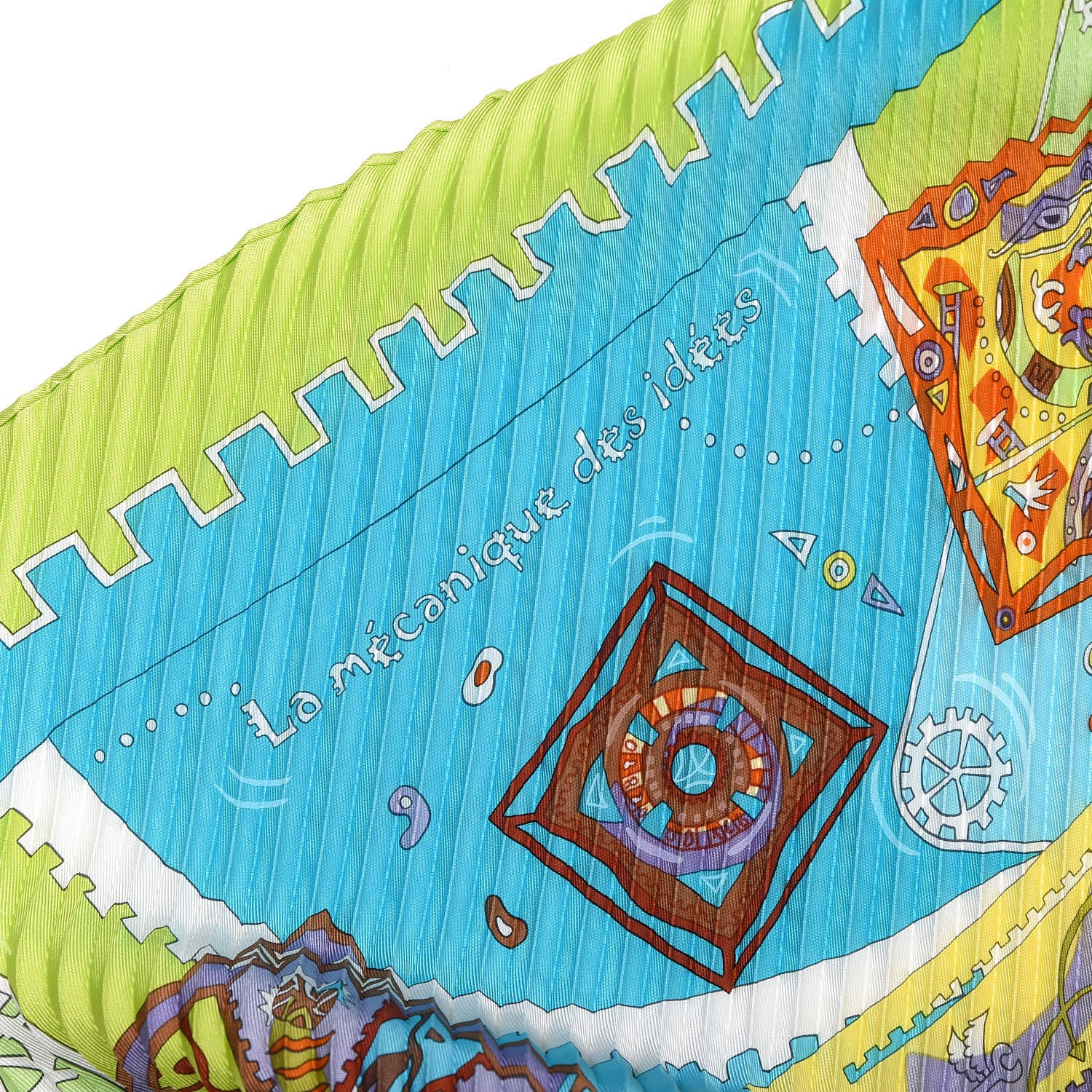 Hermes Silk Plisse La Mecanique Des Idees Scarf 90 Vert Anis Turquoise Turquoise Claire 5 of 8