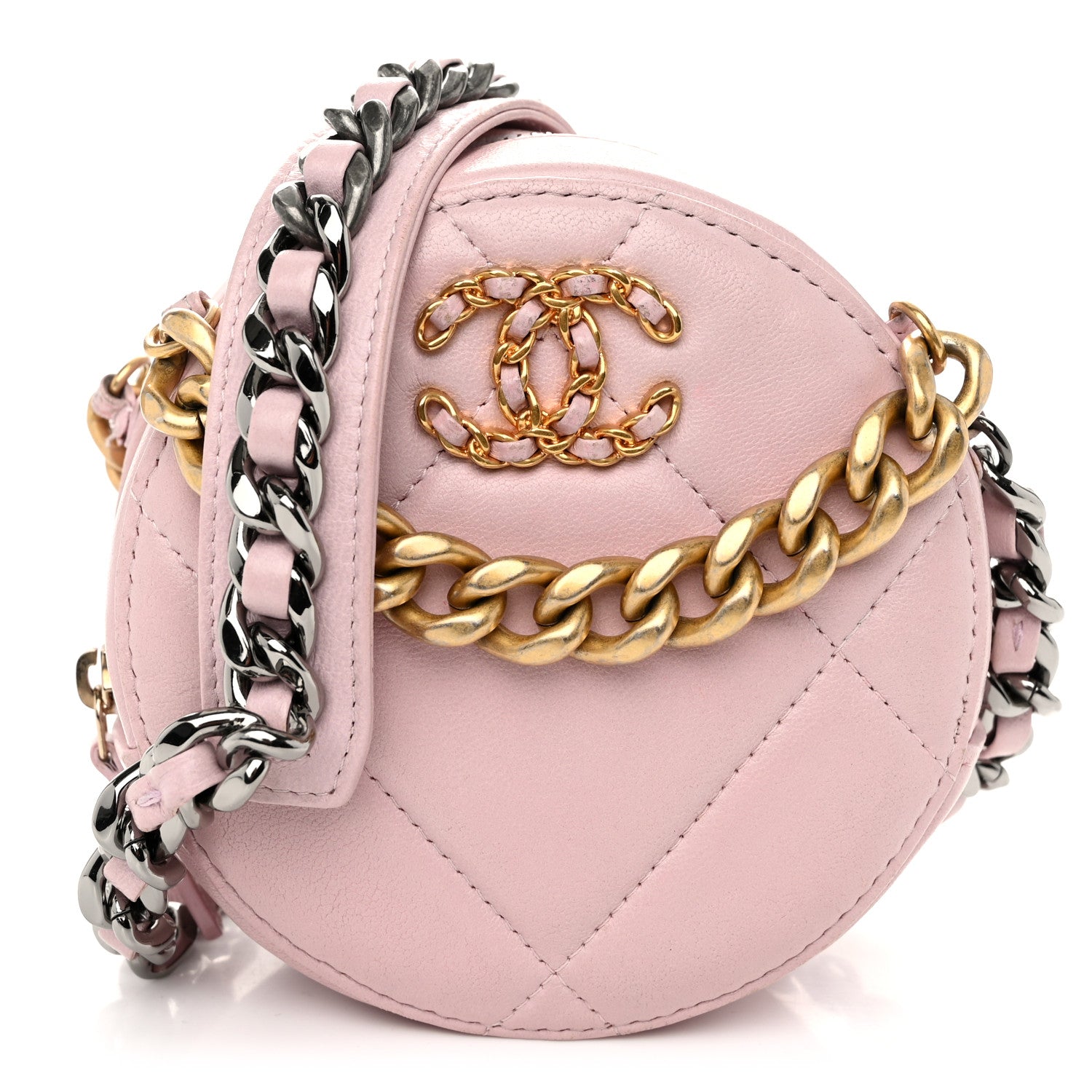 Chanel Lambskin Quilted Chanel 19 Round Clutch With Chain Pink 1 of 11