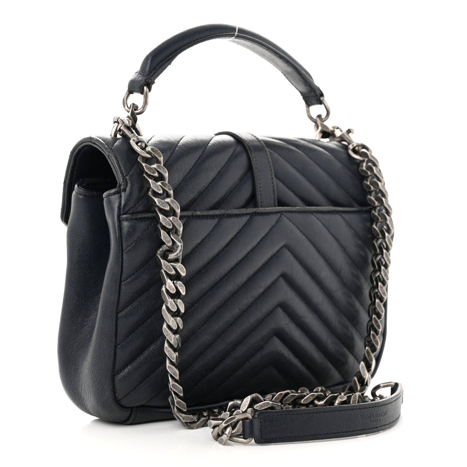 Saint Laurent Sheepskin Matelasse Chevron Monogram Medium College Bag Deep Marine 3 of 13