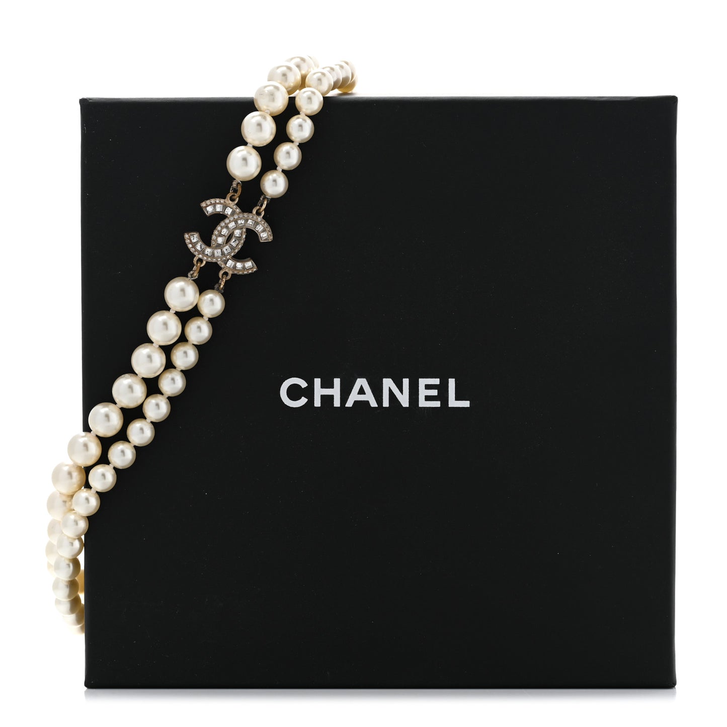 Baguette Crystal Pearl CC Double Strand Necklace Gold