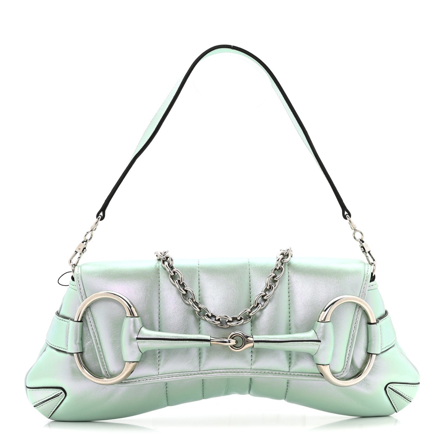 Gucci Iridescent Nappa Vertical Matelasse Medium Maxi Horsebit Chain Shoulder Bag Iridescent Salvy Green 1 of 12