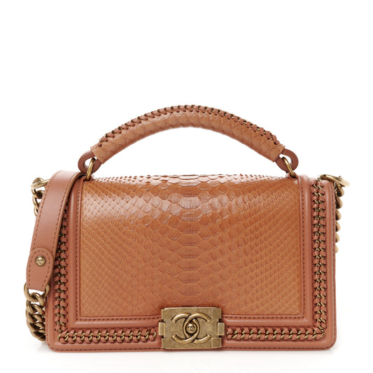 Snakeskin Calfskin Medium Chain Around Top Handle Boy Flap Camel
