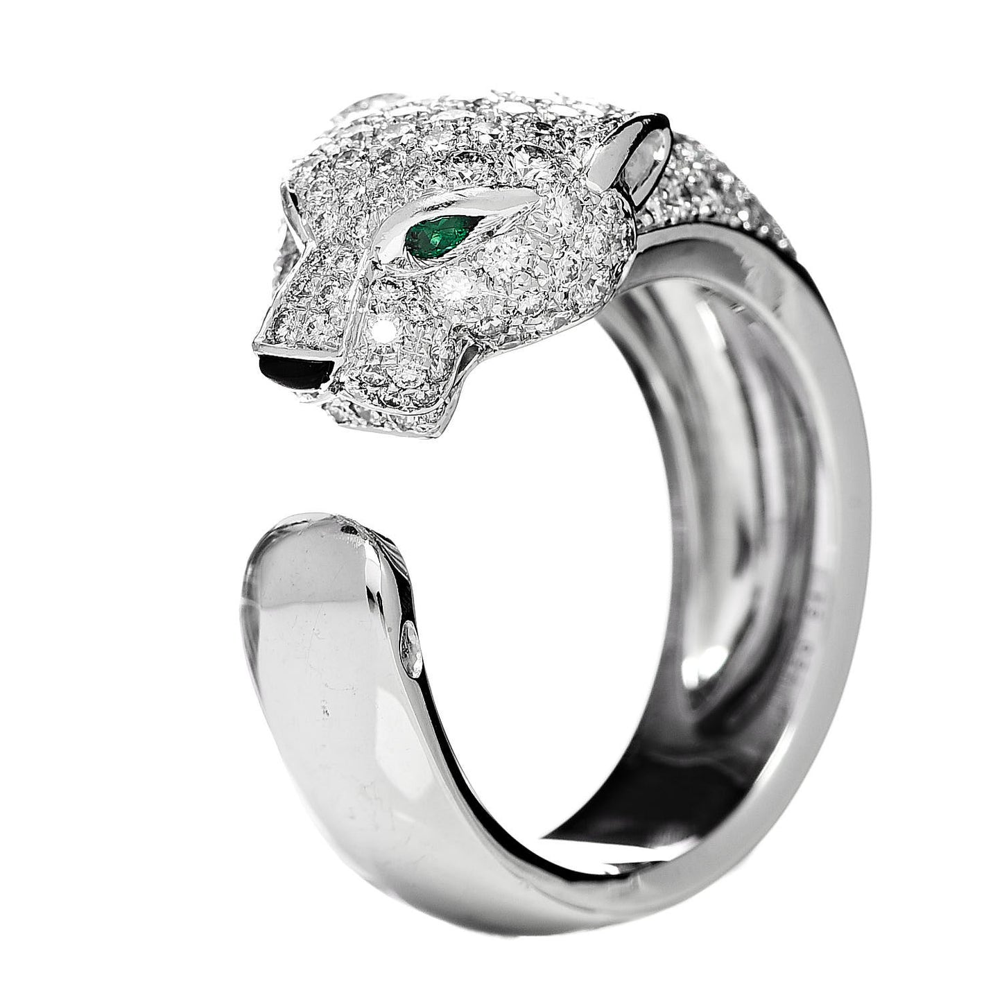 18K White Gold Diamond Black Onyx Emerald Panthere De Cartier Ring 54 7