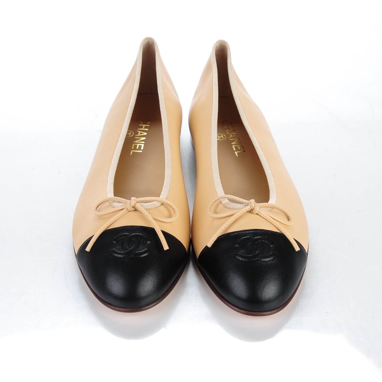 Chanel Lambskin Cap Toe CC Ballerina Flats 42 Beige Black 149696