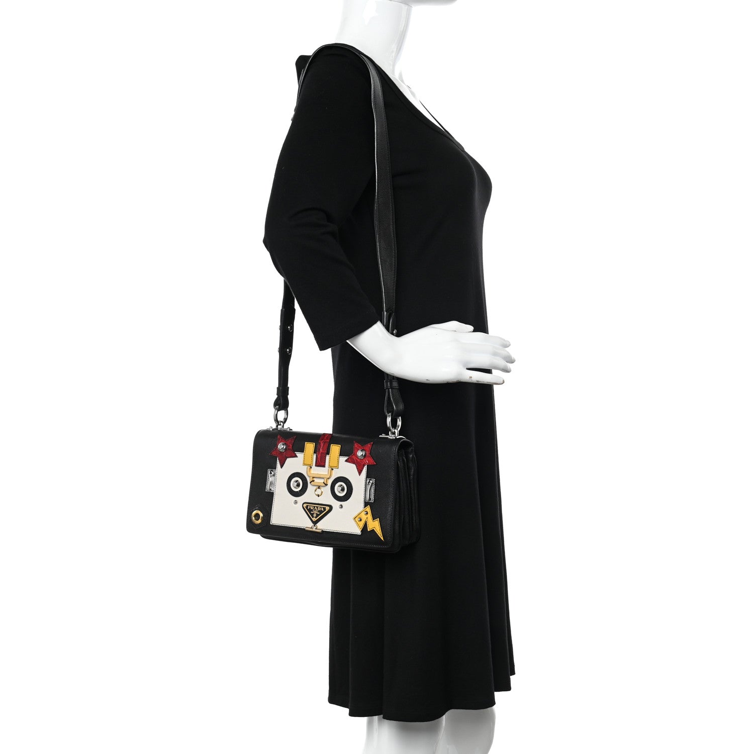 Prada Grained Calfskin Saffiano Robot Shoulder Bag Black White 3 of 11