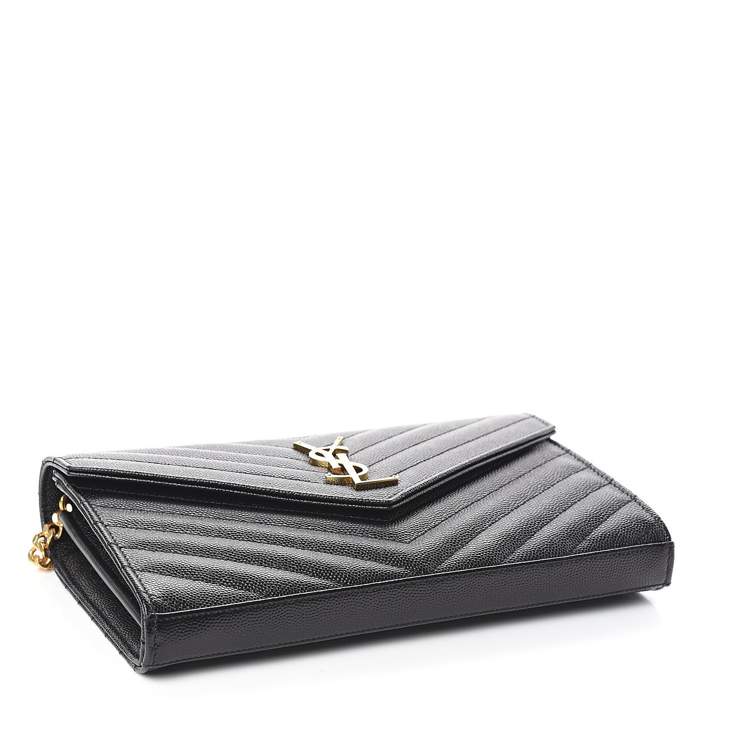 Saint Laurent Grain De Poudre Matelasse Chevron Monogram Chain Wallet Black 3 of 9