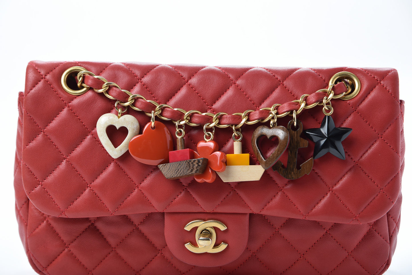 Lambskin Quilted Valentine Charms Medium Flap Red