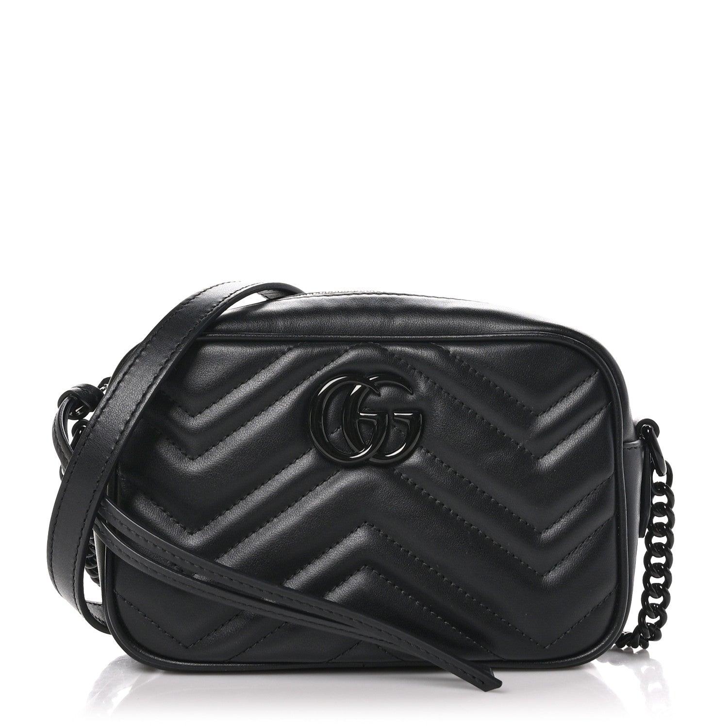 Gucci Calfskin Matelasse Monochrome Mini GG Marmont Chain Shoulder Bag Black 1 of 9
