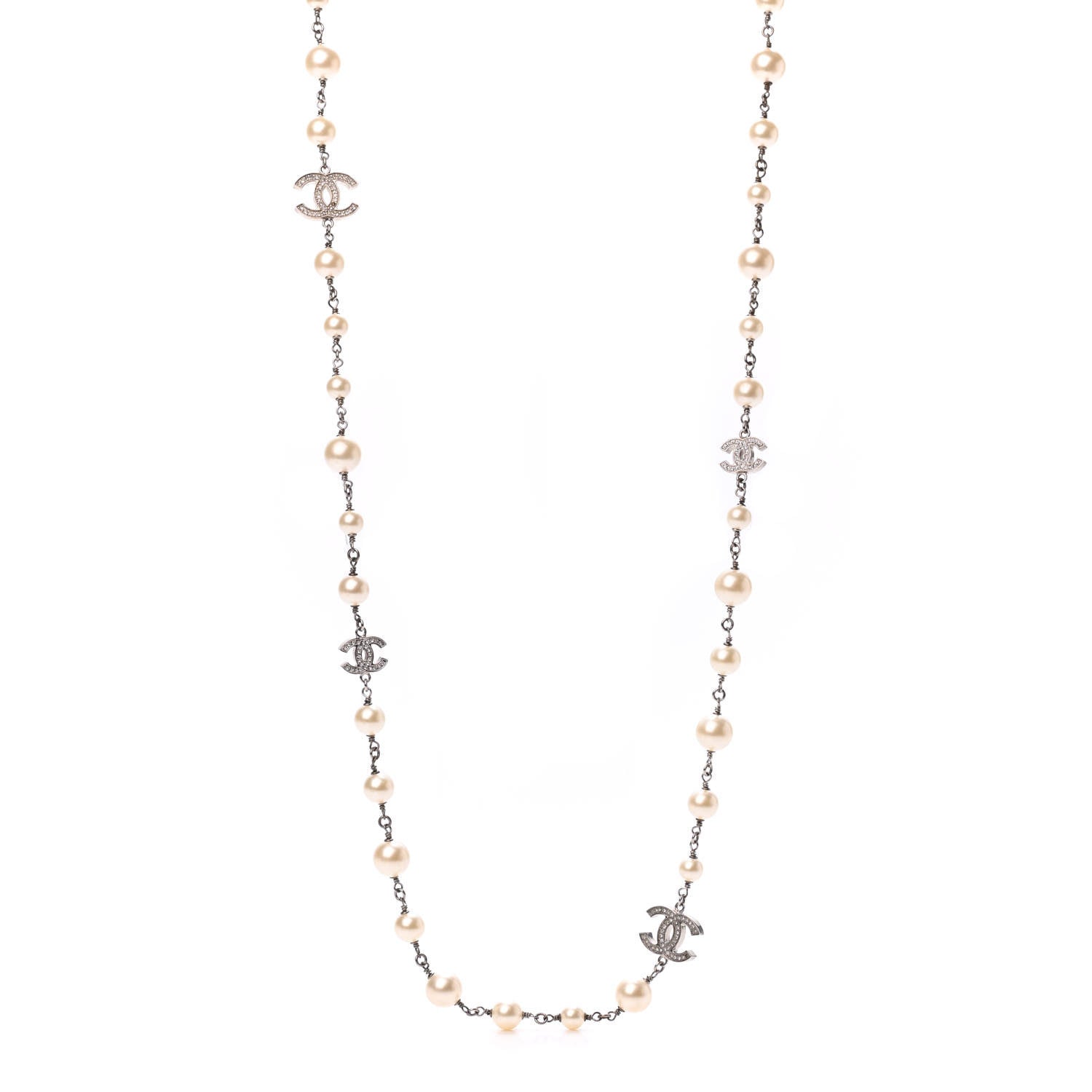 Chanel Crystal Pearl CC Long Necklace Silver 1 of 4
