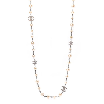 Chanel Crystal Pearl CC Long Necklace Silver 1 of 4