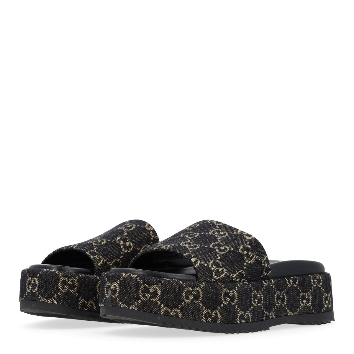 Gucci Jacquard Black Denim GG Monogram Angelina Platform 55mm Slide Sandals 37 Black Ivory 4 of 10