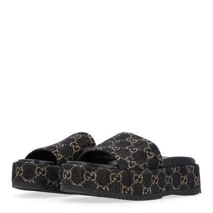 Gucci Jacquard Black Denim GG Monogram Angelina Platform 55mm Slide Sandals 37 Black Ivory 4 of 10