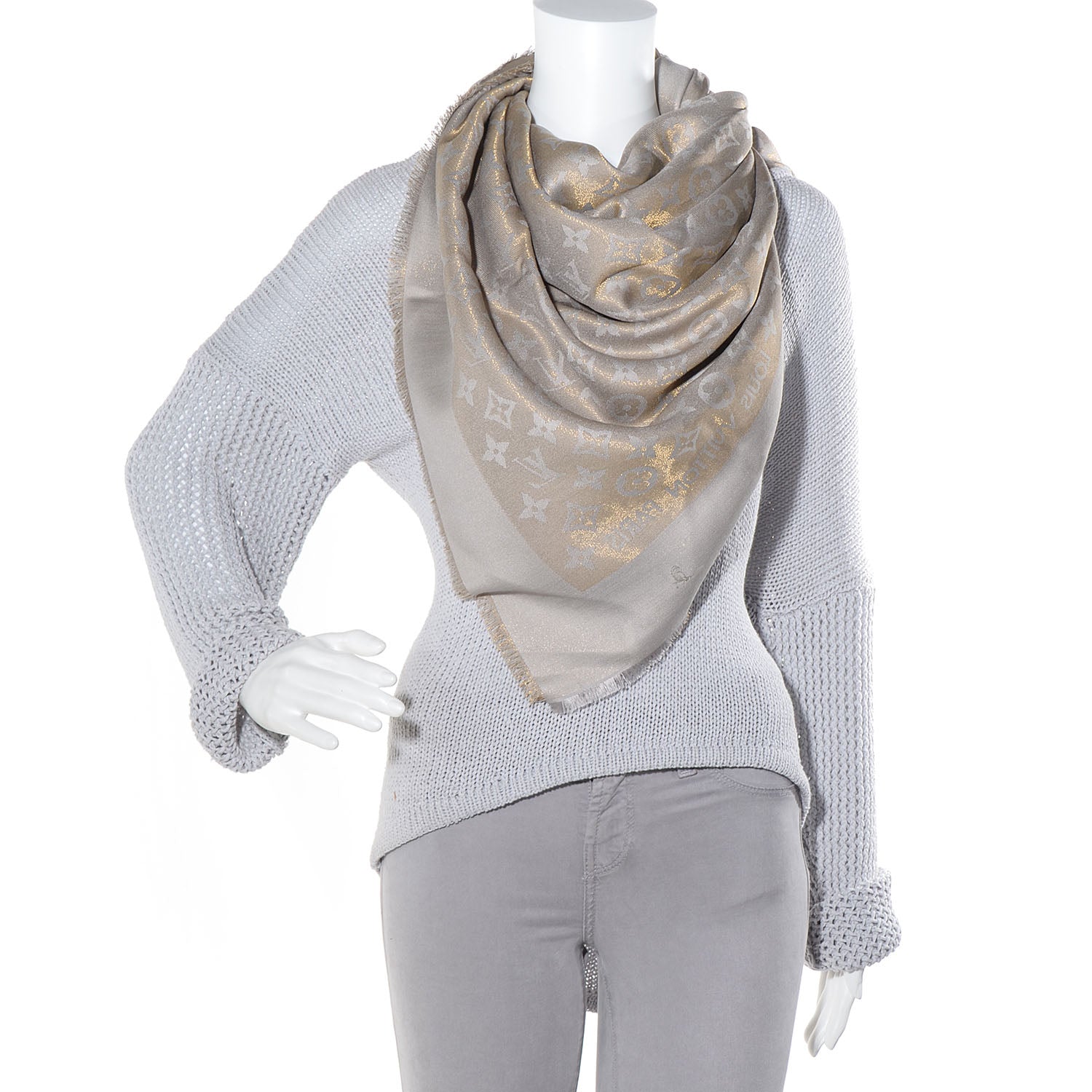 Louis Vuitton Monogram Silk Wool Shine Shawl Beige 2 of 6
