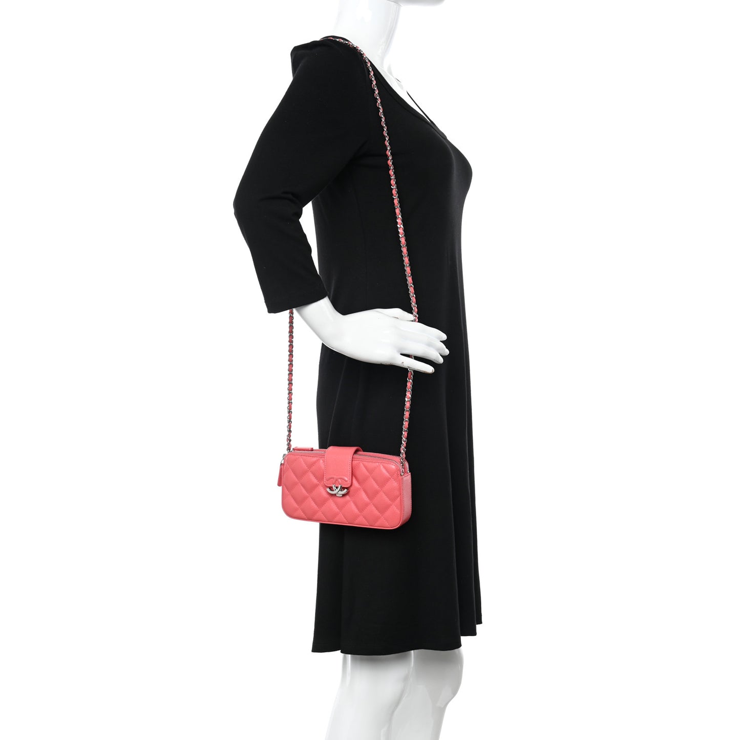 Caviar Quilted CC Box Clutch With Chain Coral