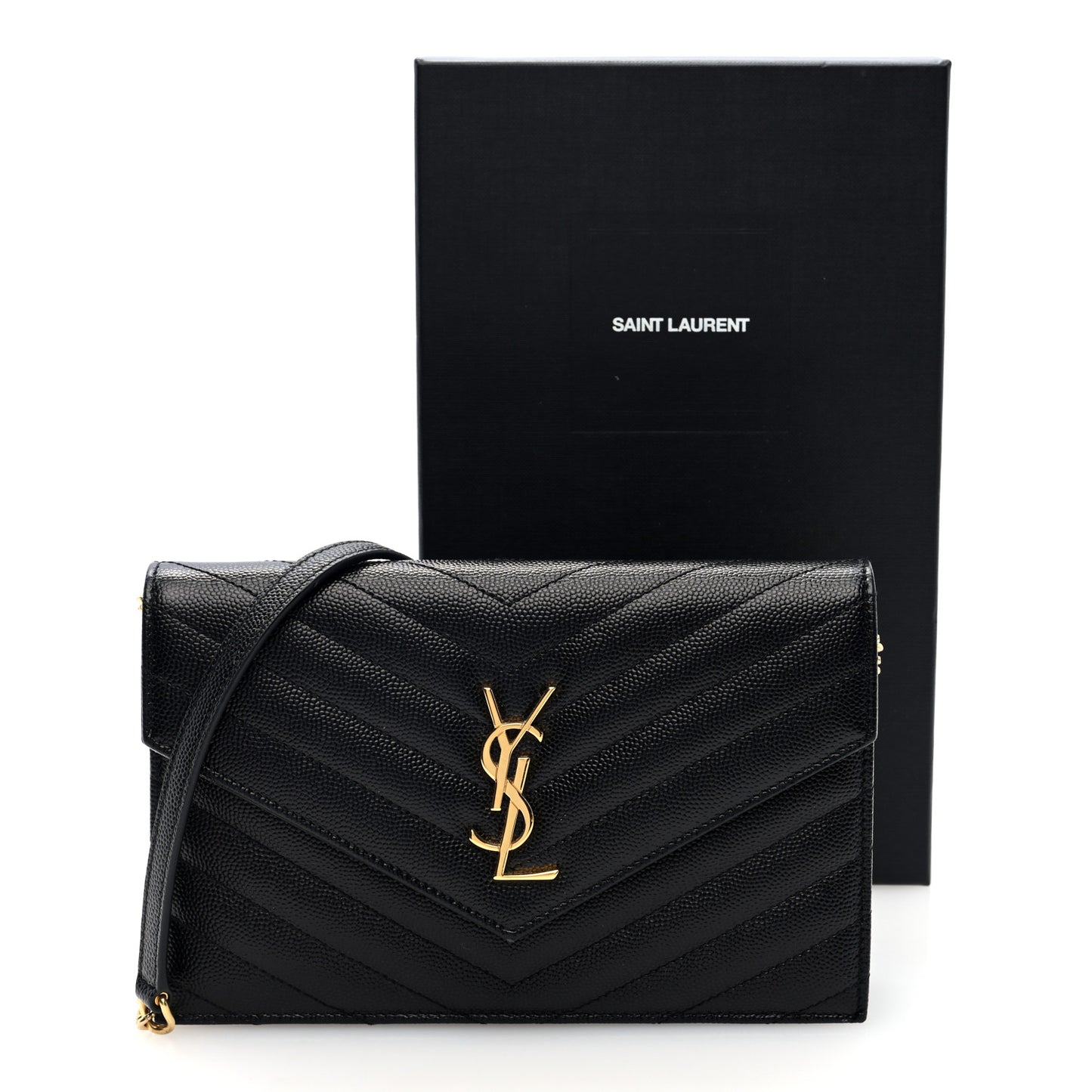 Grain De Poudre Matelasse Chevron Monogram Envelope Chain Wallet  Black