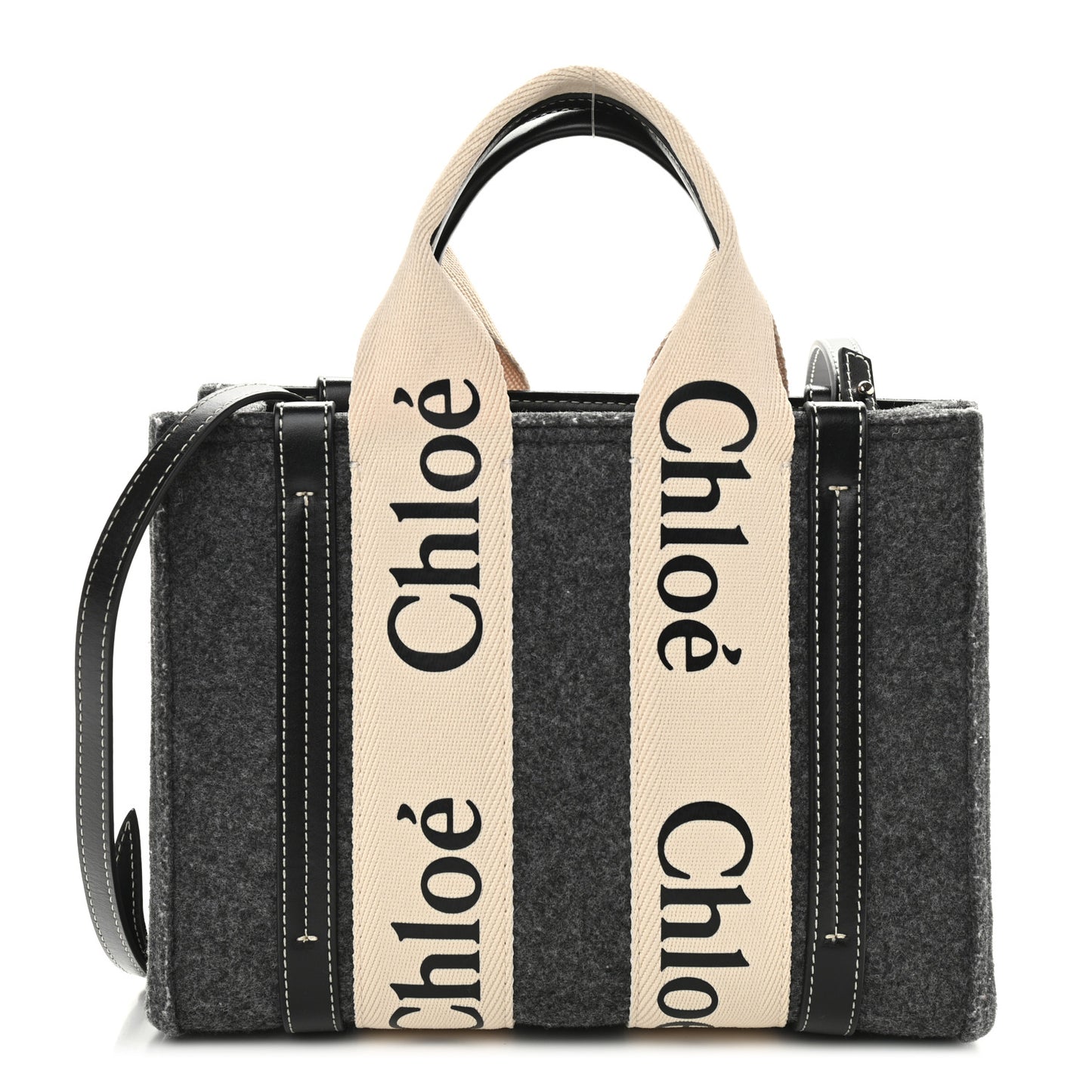 Felt Calfskin Small Woody Ribbon Tote With Strap Cashmere Grey