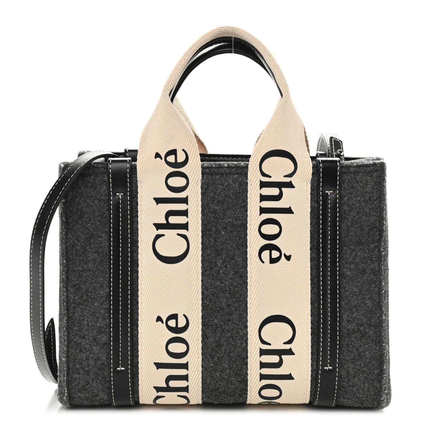 Chloe Felt Calfskin Small Woody Ribbon Tote With Strap Cashmere Grey 1 of 11