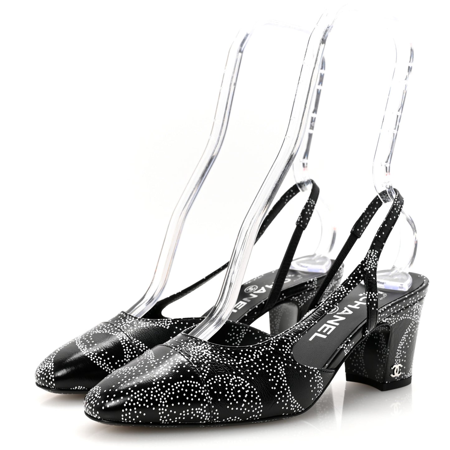 Calfskin Camellia Printed Cap Toe CC Slingback Pumps 37 Black White