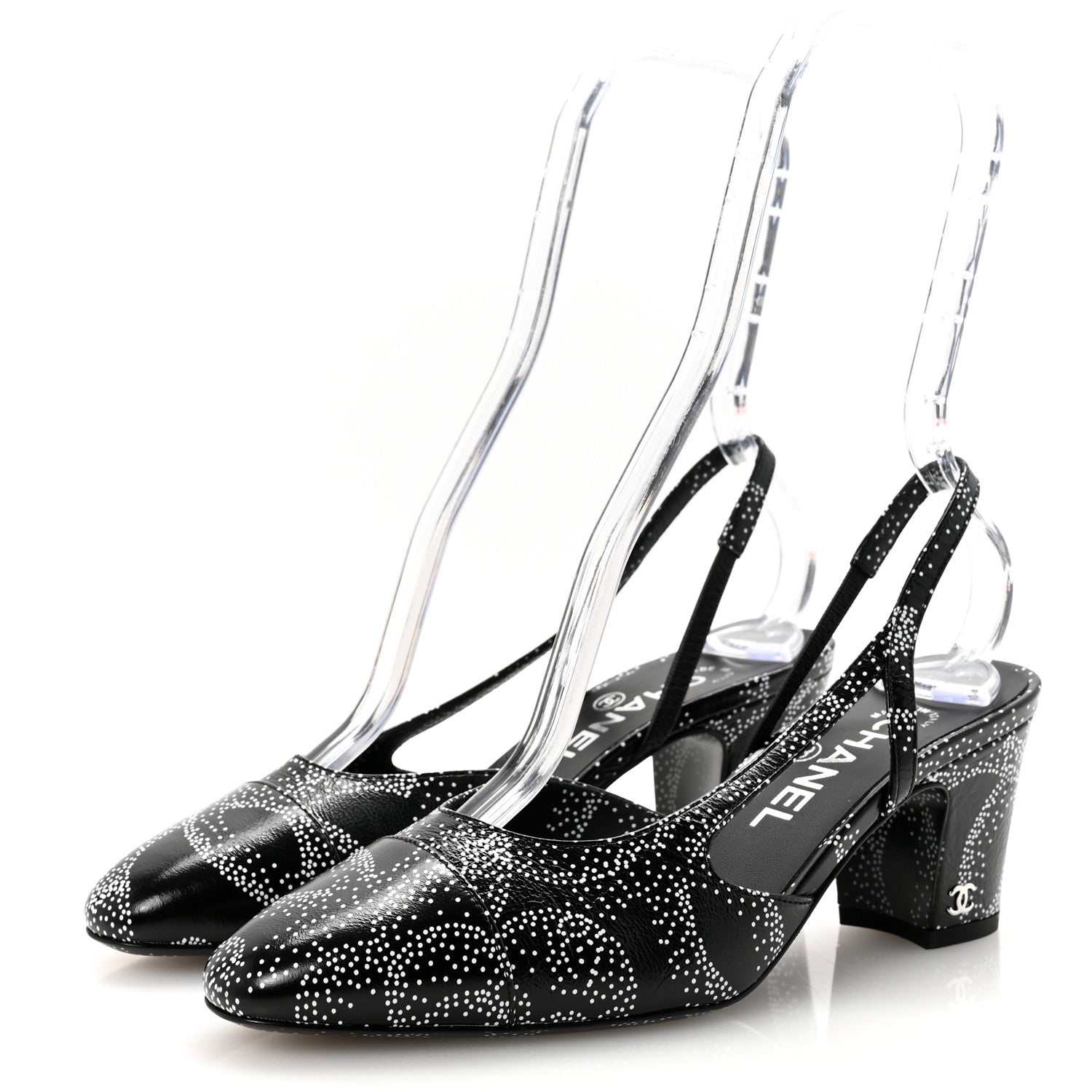 Chanel Calfskin Camellia Printed Cap Toe CC Slingback Pumps 37 Black White 4 of 9