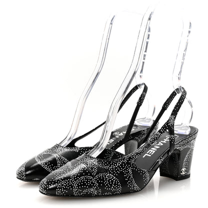Chanel Calfskin Camellia Printed Cap Toe CC Slingback Pumps 37 Black White 4 of 9