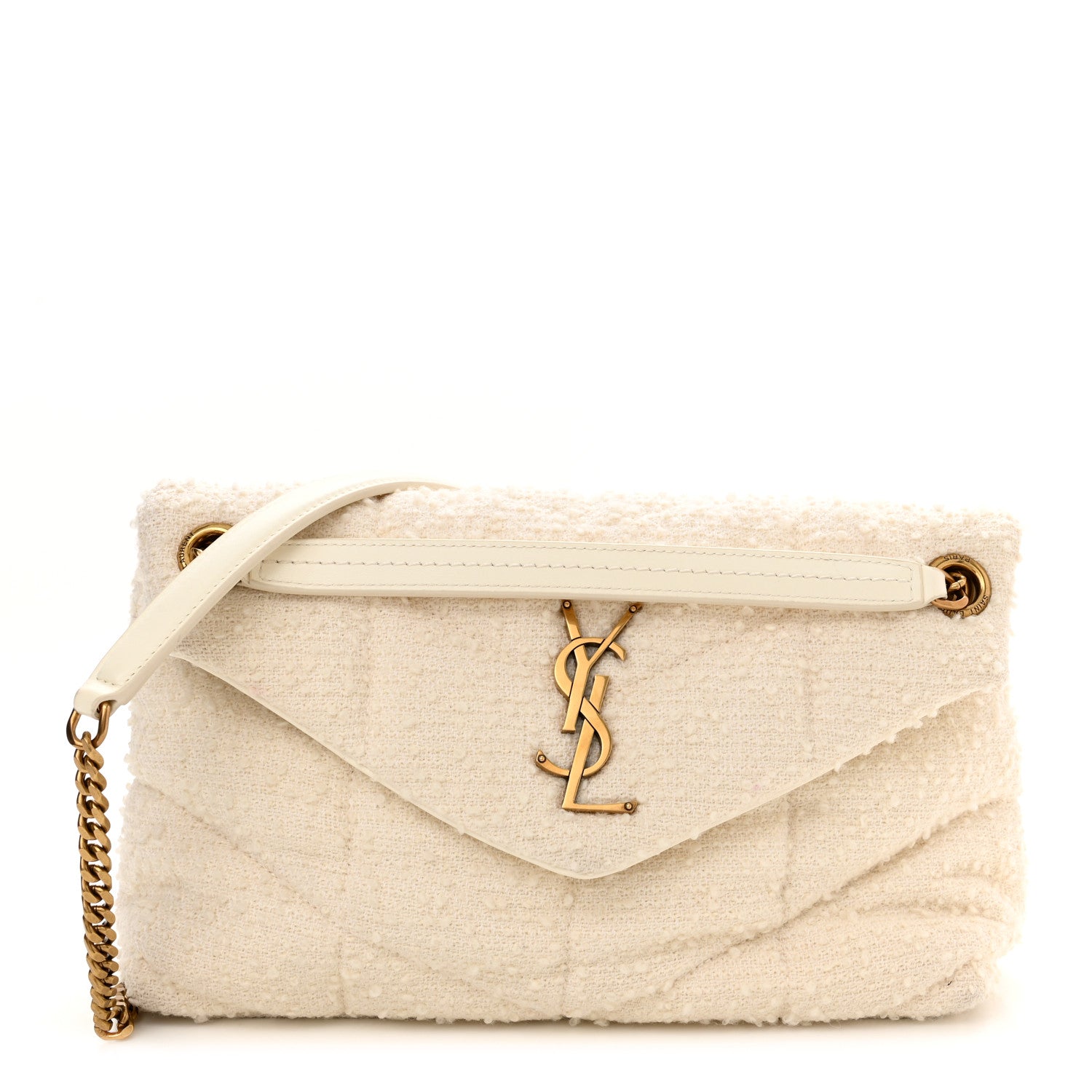 Saint Laurent Boucle Tweed Quilted Small Loulou Puffer Monogram Chain Satchel Crema Soft 1 of 11