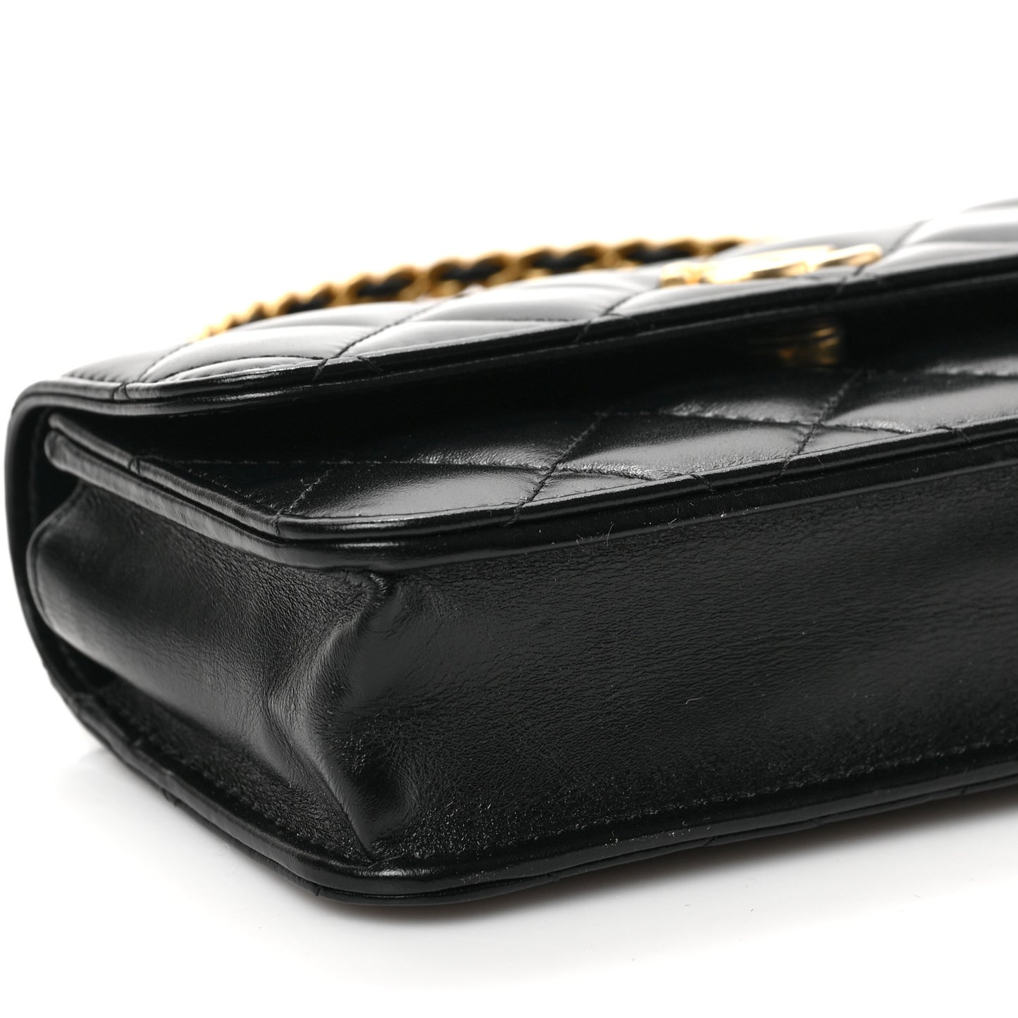 Shiny Calfskin Quilted Top Handle Flap Phone Holder With Chain Black