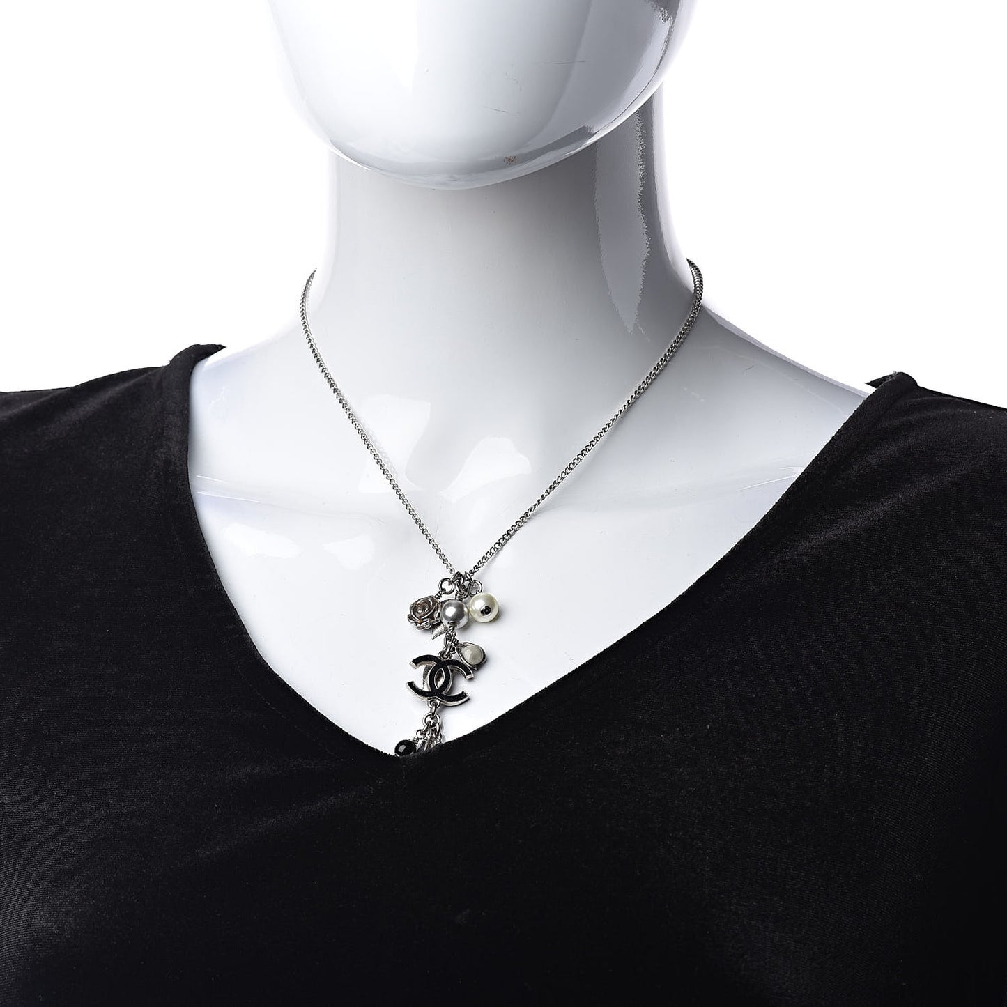 Enamel Bead Pearl Charms CC Drop Necklace Silver