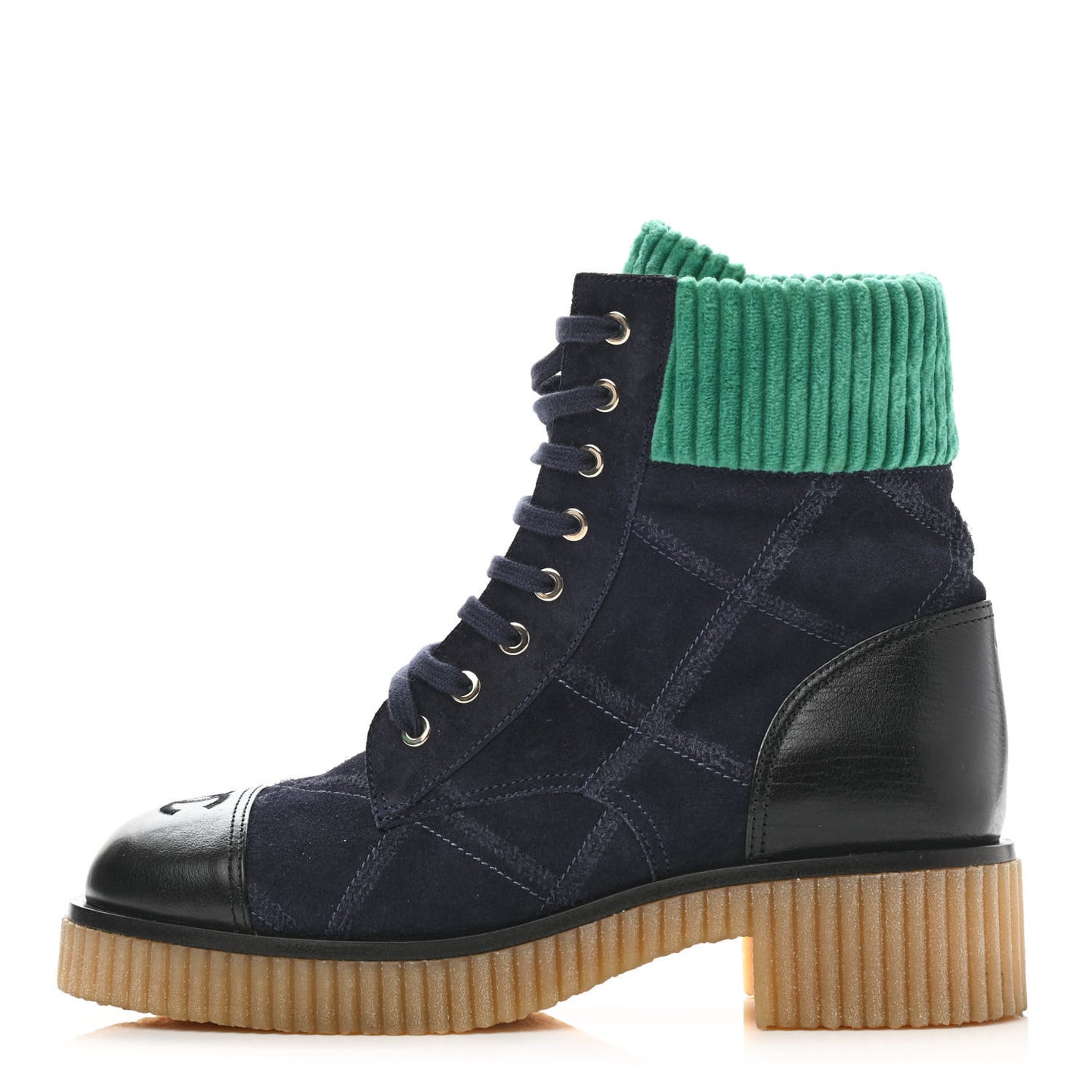 Suede Calfskin Velvet Quilted CC Combat Boots 40 Navy Green Black