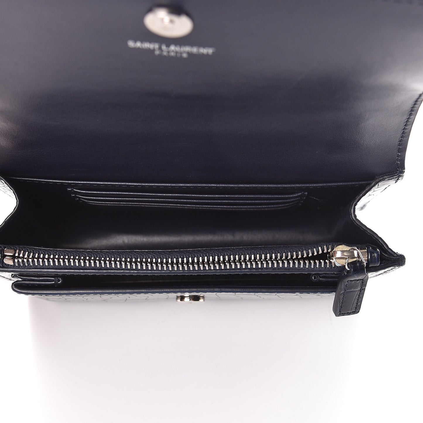 Calfskin Crocodile Embossed Monogram Sunset Chain Wallet Navy