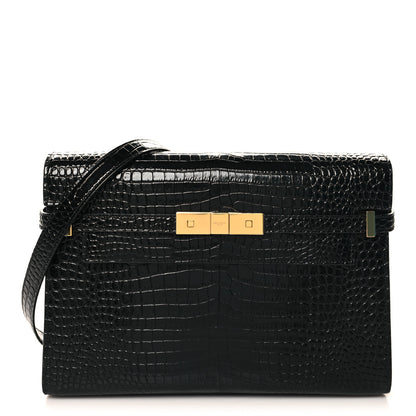 Saint Laurent Shiny Calfskin Crocodile Embossed Manhattan Baguette Black 1 of 9