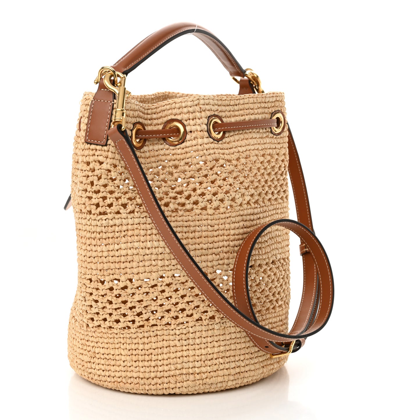 Raffia Woven Clara Drawstring Bucket Bag Natural Tan