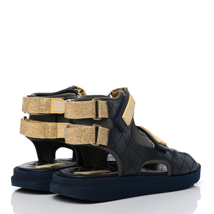 Chanel Goatskin Fabric Gladiator Sandals 38 Navy Blue Light Grey Yellow 4 of 8