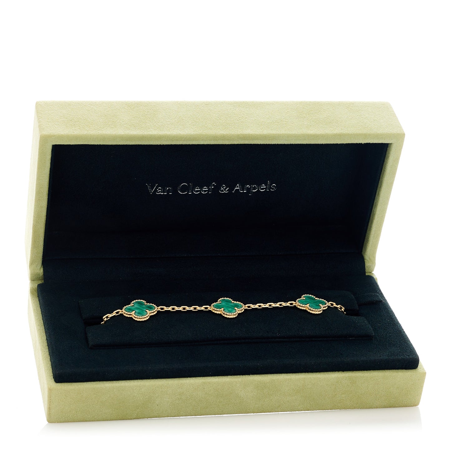 18K Yellow Gold Malachite 5 Motifs Vintage Alhambra Bracelet