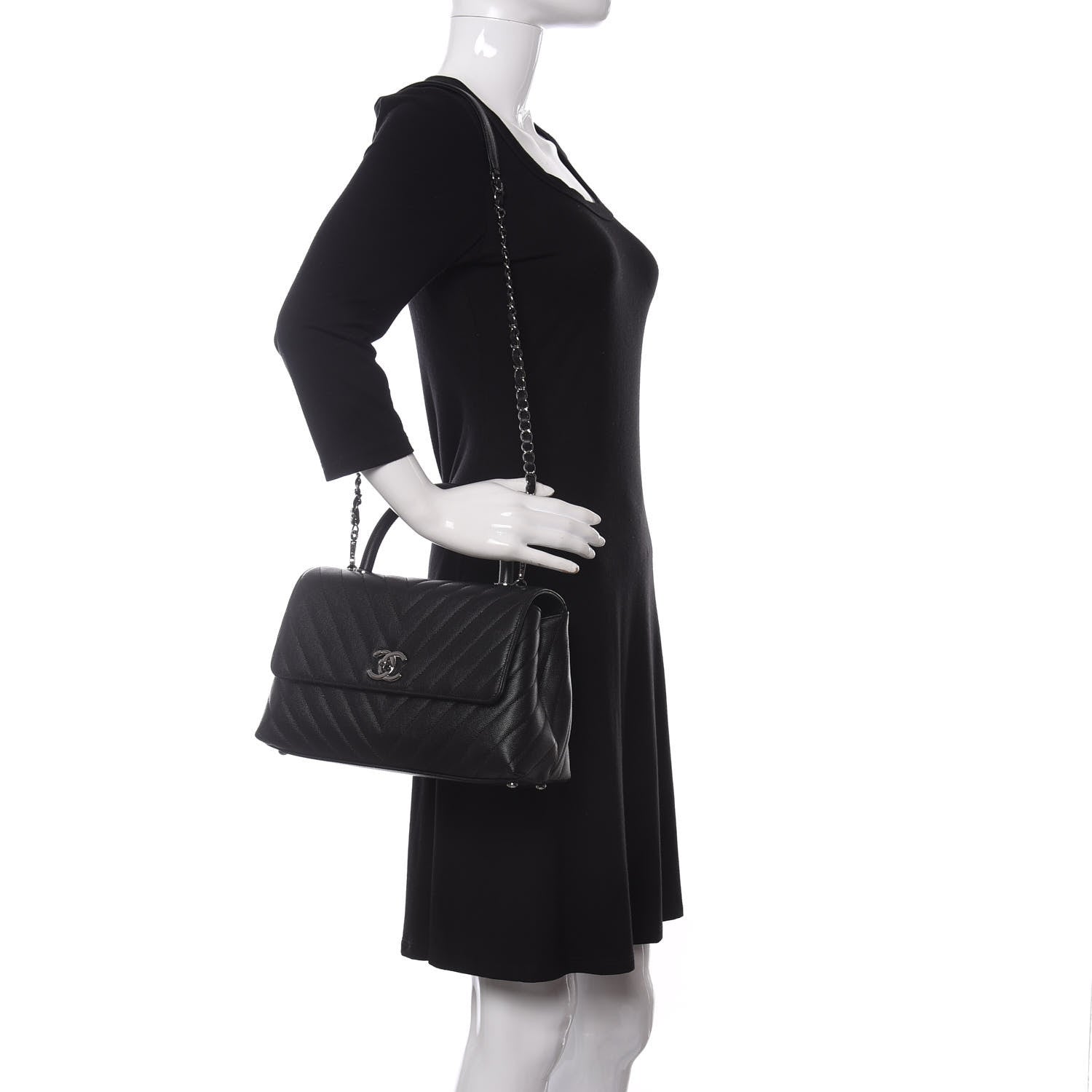 Chanel Caviar Chevron Quilted Small Coco Handle Flap Black 2 of 11