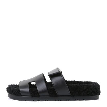 Hermes Calfskin Woolskin Womens Chypre Sandals 35 Black 1 of 4